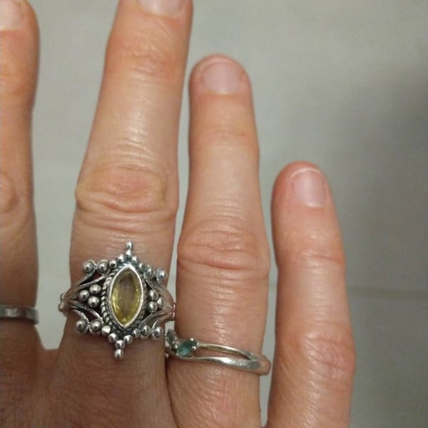 Bague Bourdon Plaqué Argent 925 Fait Main - Pierre Naturelle Jaune - Pour Femme, Style Bande - Cadeau Anniversaire Ou Noël