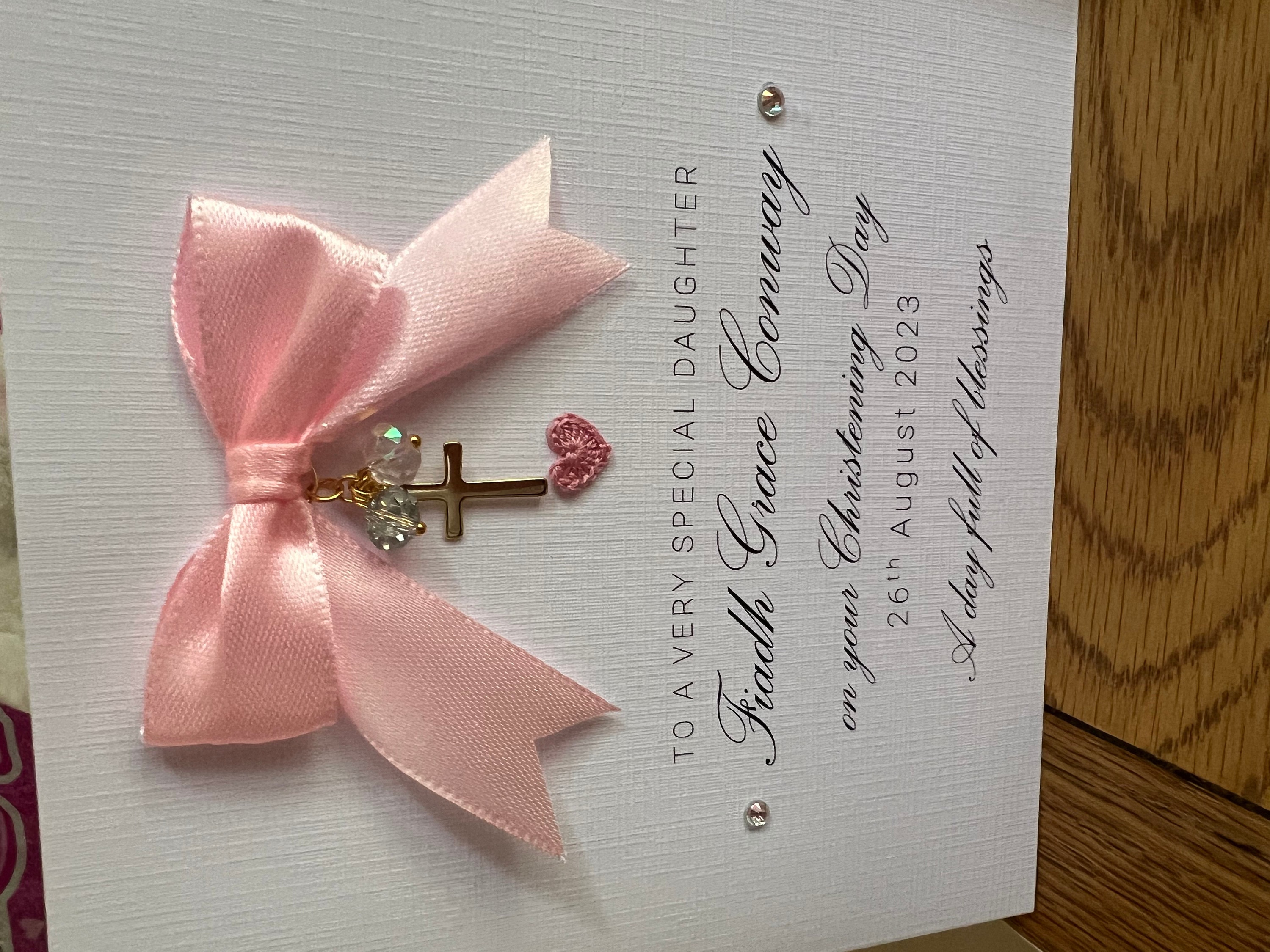 Luxury christening card for girls, personalised christening day, special handmade card, golden cross charm, sending blessings, TLC0012