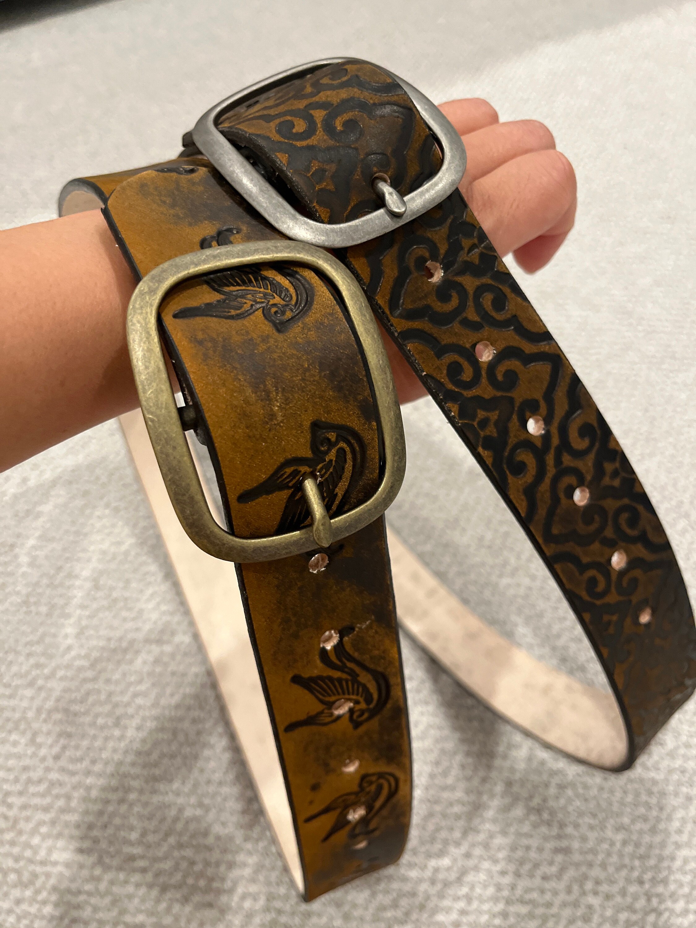 Leather Belt Sparrow Vintage Aged Leather belt - embossed sparrow snap belt  Handmade in USA Groomsmen Wedding Swallow Bird Tattoo Flash Art