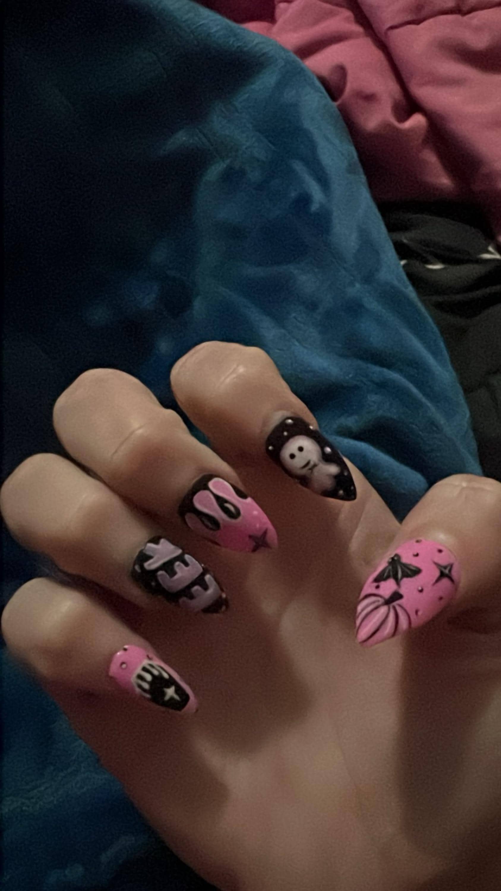 Midnight Magic Fake Nails | Black Pink Halloween Special Press On Nails Stiletto | Hand-made Glue On Nails | Luxury Fake Nails HA4