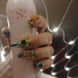 Unique Design 3D Angel Long Stiletto Press On Nails,Custom Chrome gold & Green gem Luxury Nails for Christmas Birthday Vacation Holiday Gift