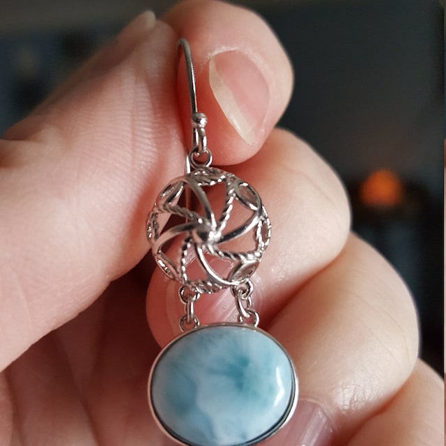 Stunning Larimar 10X14 10.8ct Oval Coil Top Hook Earrings..925 Sterling Silver