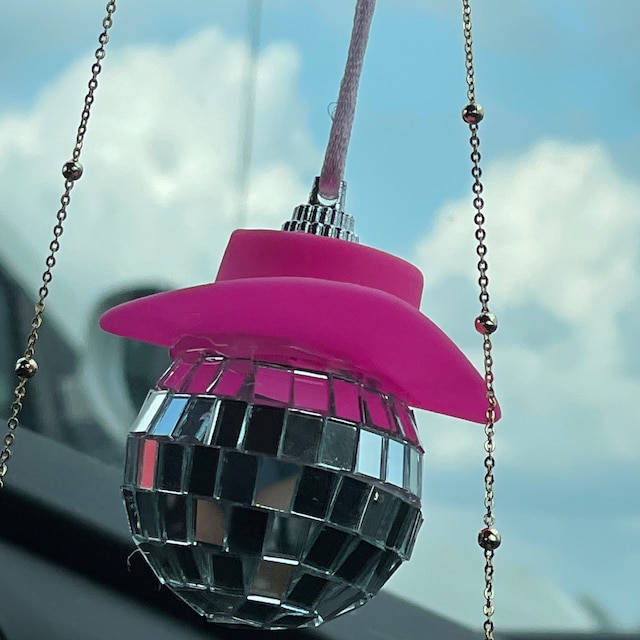 Butterfly Pink Cowgirl Hat Disco Ball Car Hanging Rear View Mirror Accessory  L Cowboy Disco Ball and Pink Hat L Trendy Car Accessories 