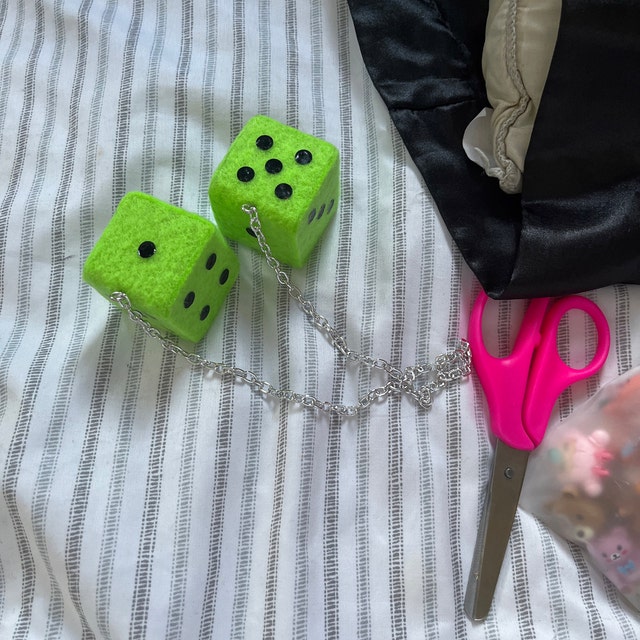 Neon Green Fuzzy Dice With Black Dots and Chain or Cord / Car Accessories,  Charms, Gift, Novelty, Mirror Danglers, Car Dice, Car Charm 