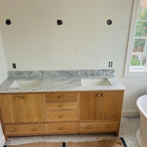 White Oak Bathroom Vanity | Double Sink | Towel Shelf