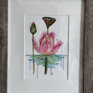 水彩画、蓮の絵、水彩プリント、水彩花、蓮の花、水彩プリント、蓮