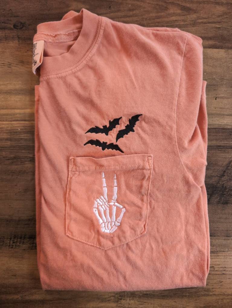 Embroidered Halloween Pocket Tee, Short Sleeve Skeleton Tshirt, Comfort Colors Pocket Tee, Spooky Shirt, Womens Halloween Shirt