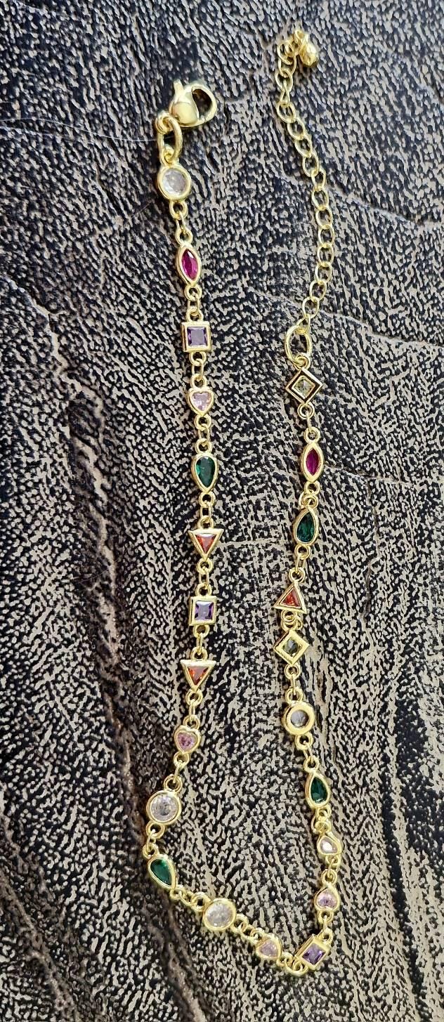 14k Rainbow Crystal Anklet, Gold Charm Anklet | Gold crystal ankle bracelet | Bridesmaid gift| Gold gift for her 14k Gold filled anklet