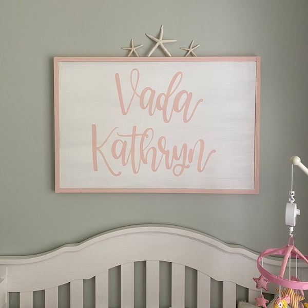 Nursery Name Sign, Framed Over Crib Sign, Large Baby Name Sign, Girl Nursery Wall Art, Baby ...
