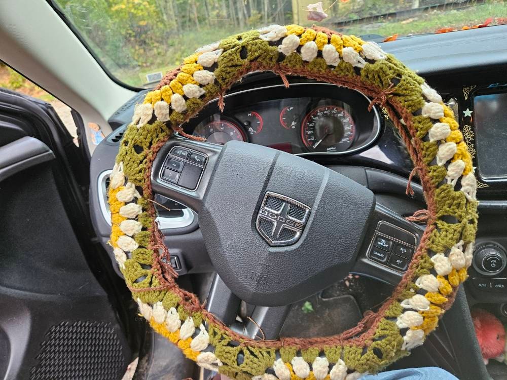 Sonnenblumen Auto Steuerrad Hülle,Gehäkelte Steuerrad Hülle,Blumen Gurthülle,Süße Steuerrad Hülle,Auto Zubehör