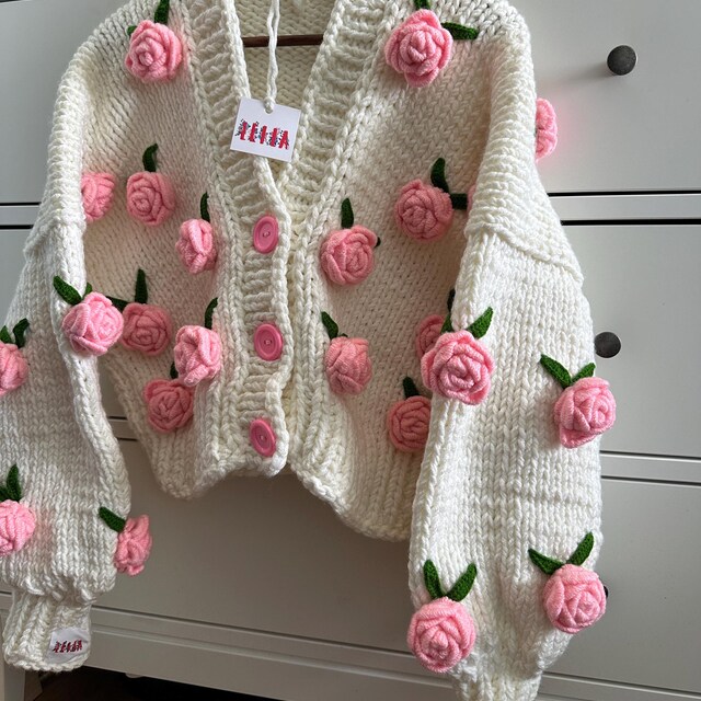 トップス Rose flower motif cardigan pink Pink Flower Crochet Crop Cardigan, Oversized Knit Jacket for
