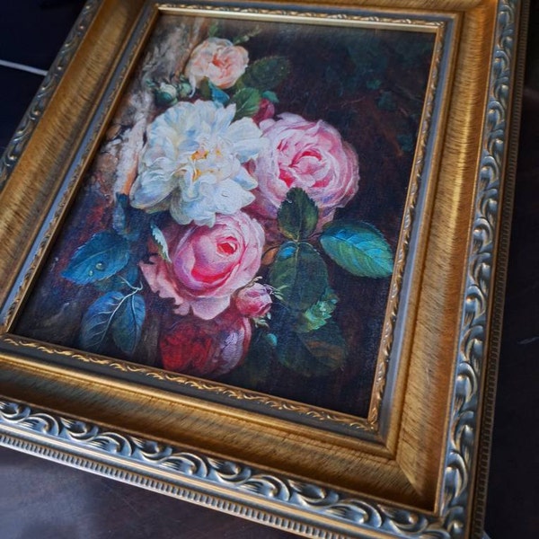 Framed Still Life of Roses Oil Painting Canvas Print; Framed Vintage ...