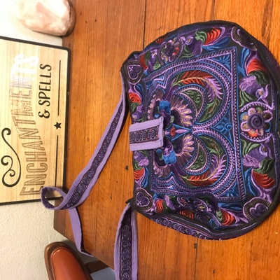 Purple Bird Pattern Crossbody Bag With Hmong Embroidery, Round ...