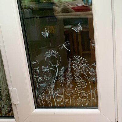 Watercolour Spring Meadow Window Decal Reusable Pink Blue Flower Window ...