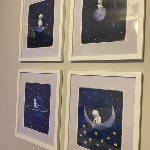 Set of 6 Astronaut Space Themed Nursery Decor Prints, Navy Blue Moon ...