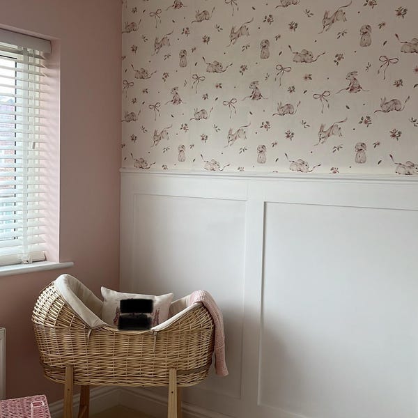 Pink Rabbits on White DEKORNIK Wallpaper, Nursery Wall Decor, Delicate ...