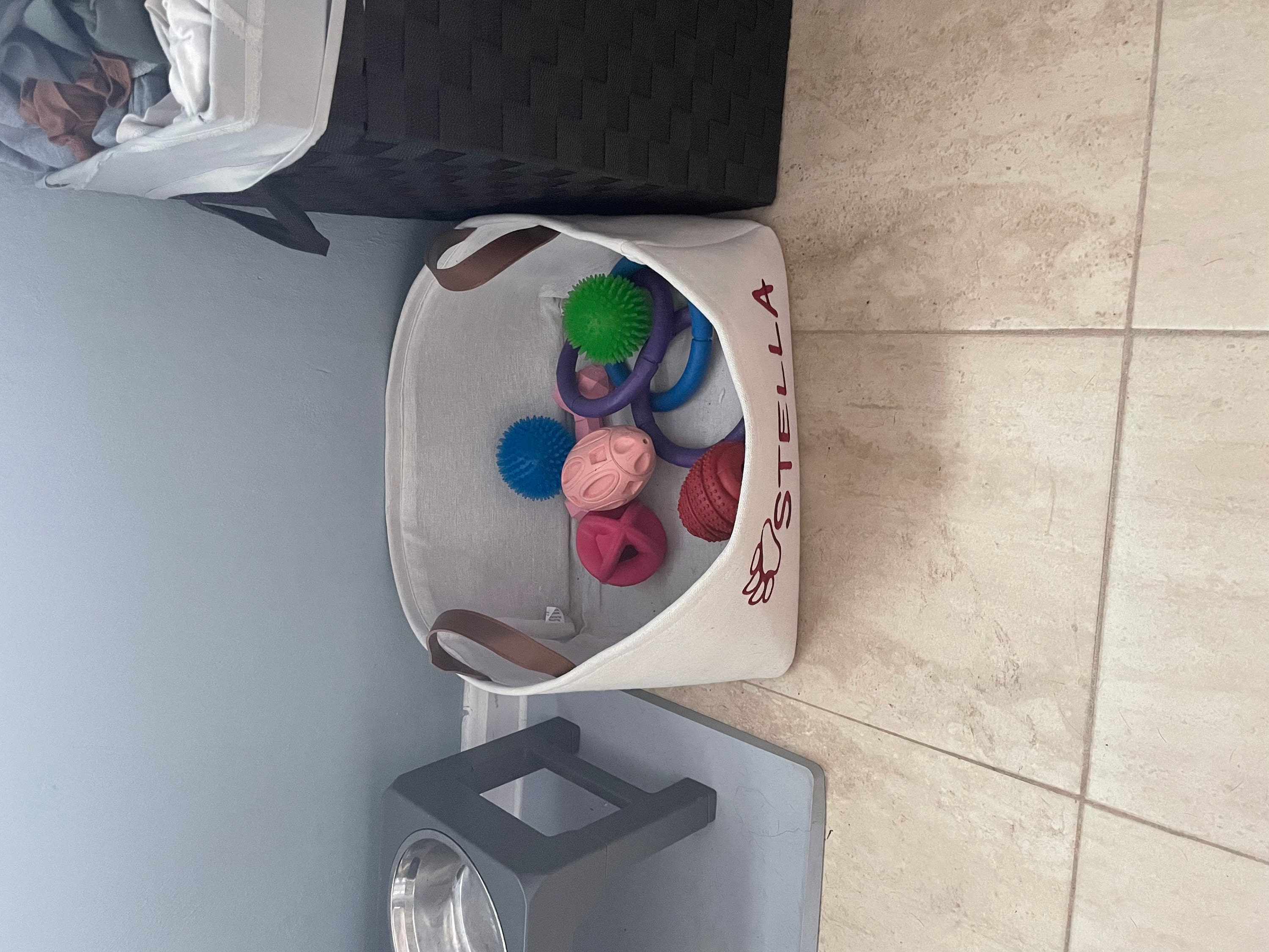 Personalized Dog Toy Bin EMBROIDERED FABRIC Storage Basket Linen Basket For Vinyl Handles Two Basket Colors Custom Dog Basket