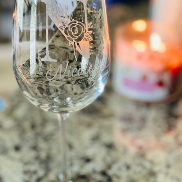 Etched Fancy Initial Wine Glass, Design: K6 - Everything Etched