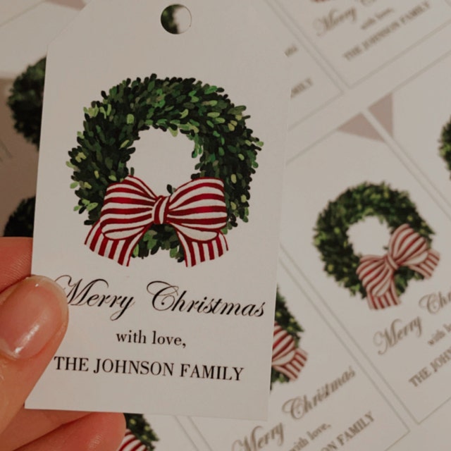 PRINTED Christmas Gift Tags Personalized Red Stripe Boxwood Bow Corporate  Gift Custom Hostess Gift Everyday Wedding Shower Thank you