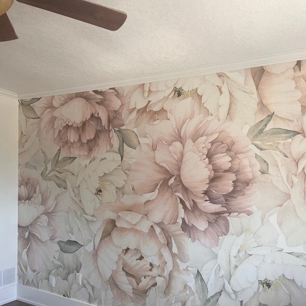 Pastel Peony Wallpaper Peel and Stick | Watercolor Soft Floral Wall ...