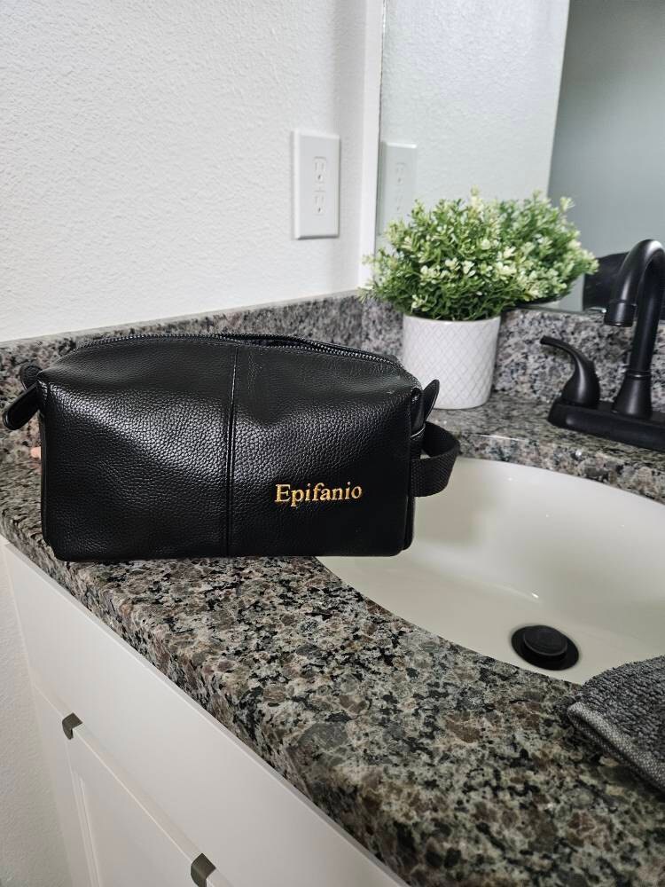 Personalised Embroidered Mens Leather Wash Bag with Strap Black or Brown - Mens Vegan Leather Toilet Bag Embroidered with Initials
