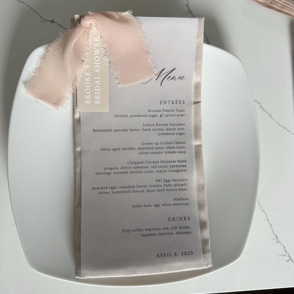 Vellum Dinner Menus With Chiffon Ribbon, Place Card Name Tags, 4x9 ...