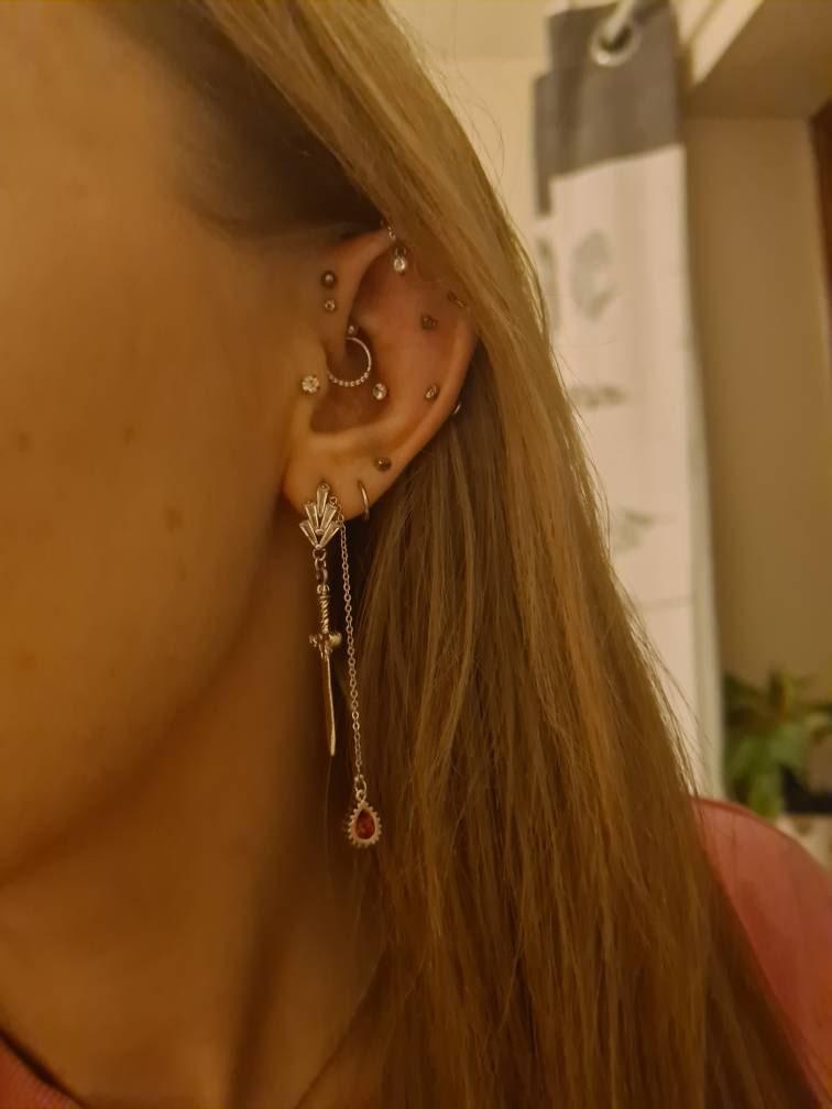 Sword and Blood Drop Dangle 2 Way Earrings / Gold,Silver, Black Deep Red Teardrop Earrings