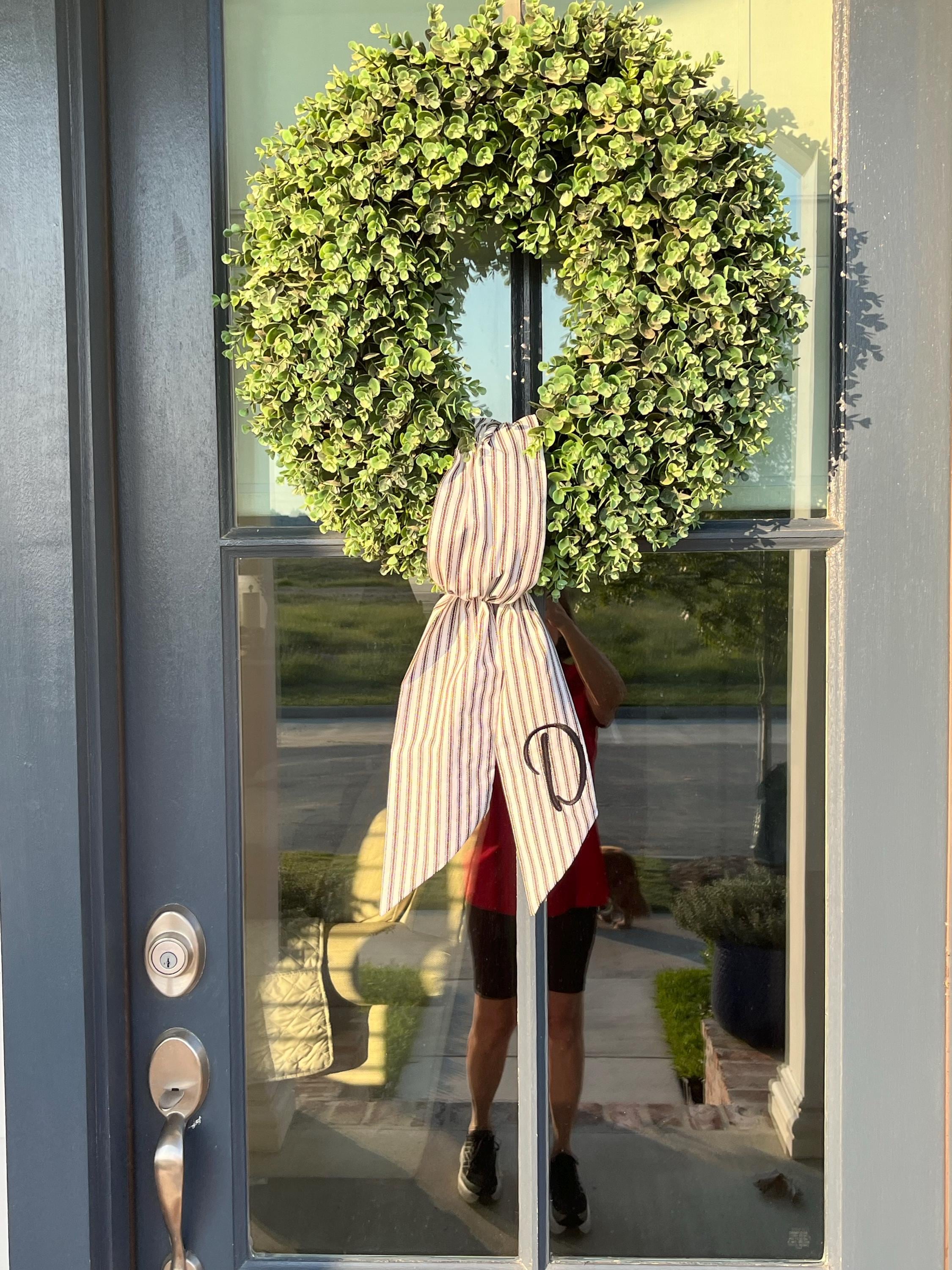 Personalized Black Ticking Stripe Wreath Sash for Front Door, Modern Farmhouse Decor, Striped Embroidered Scarf for Boxwood Wreath, Birthday Gift for Friend