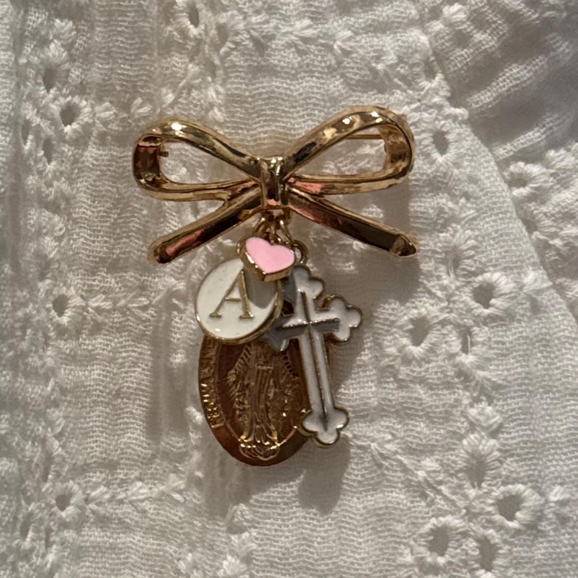 Personalized Virgin Mary Baptism Pin: Gold Cross, Initial Brooch