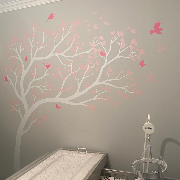 White Tree Wall Sticker Large Nursery Tree Decal With Birds Wall ...