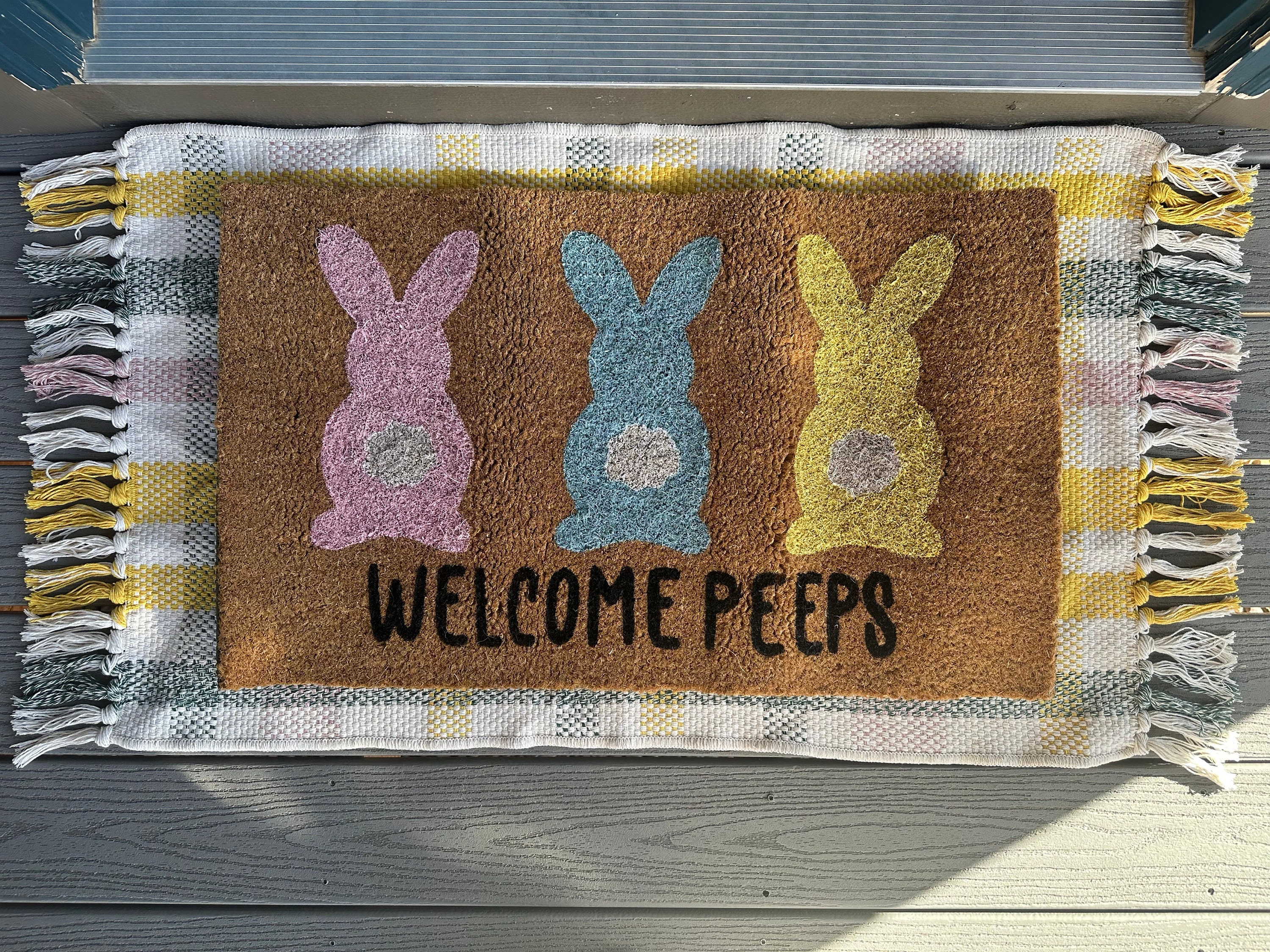 Welcome Peeps Easter Doormat | Cute Easter Bunny Front Doormat | Fun Colorful Pastel Spring Doormat | Personalized Custom Housewarming Gift