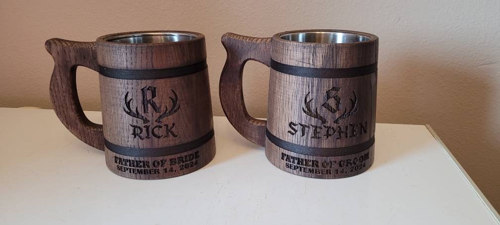 Personalized Groomsmen Beer Mug Custom Wooden Stein, Customizable Best Man Gift from Groom Engraved Wood Tankard, Wedding Gift for Father