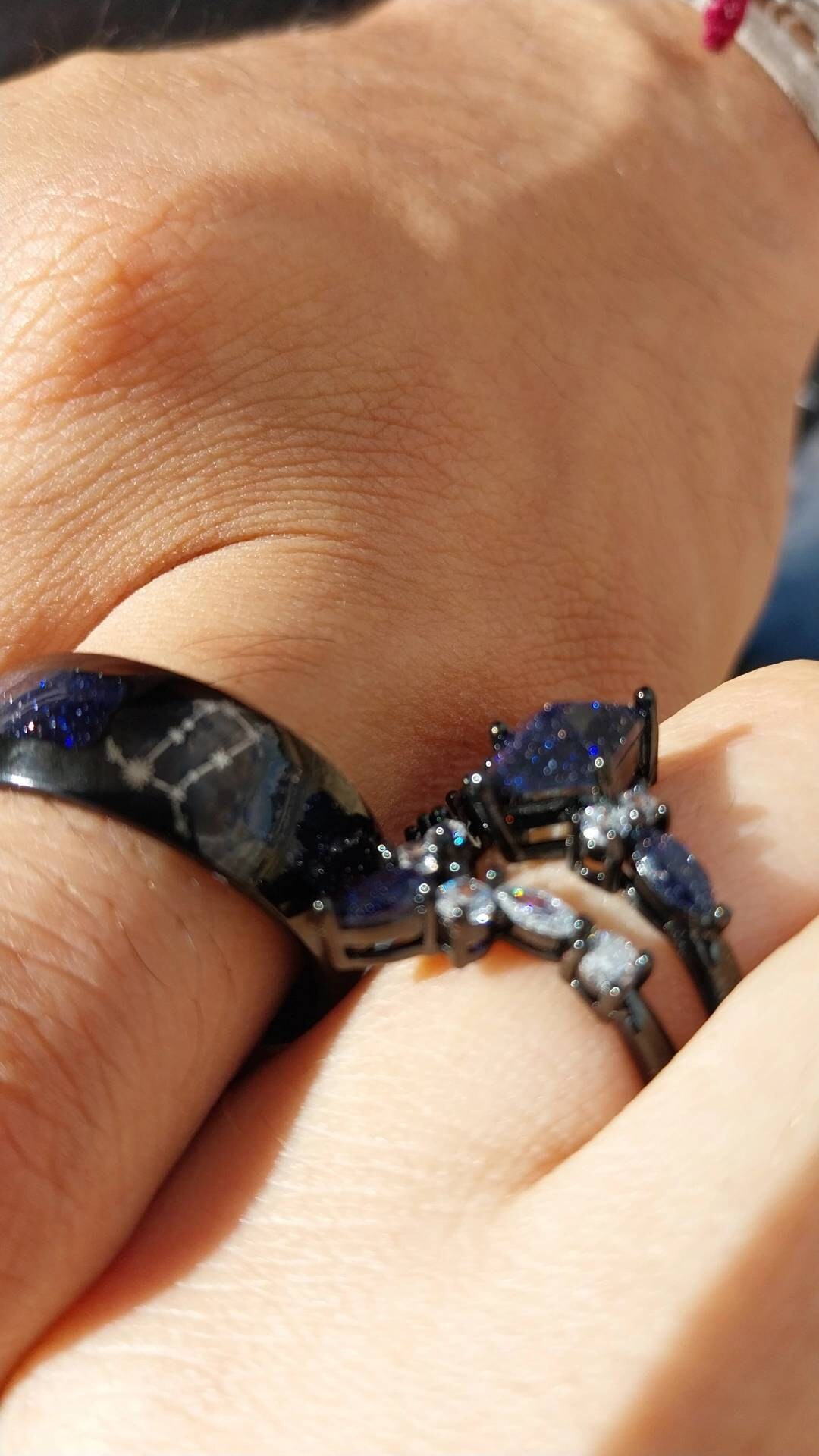 Nebula Couple&#39;s Ring Set, 3pc Wedding Band Set, Customize Constellations Rings, Blue Sandstone Ring Engagement Ring Wedding Anniversary Gift