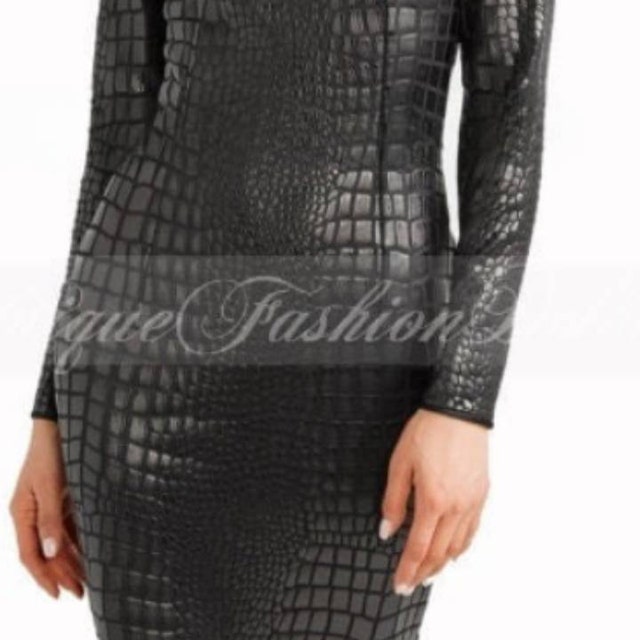 Crocodile Embossed Lambskin Leather Dress: Long Sleeve Crew  display picture 3