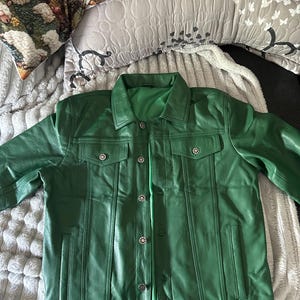 Handmade Green Sheepskin Leather Trucker Jacket, Vintage Biker