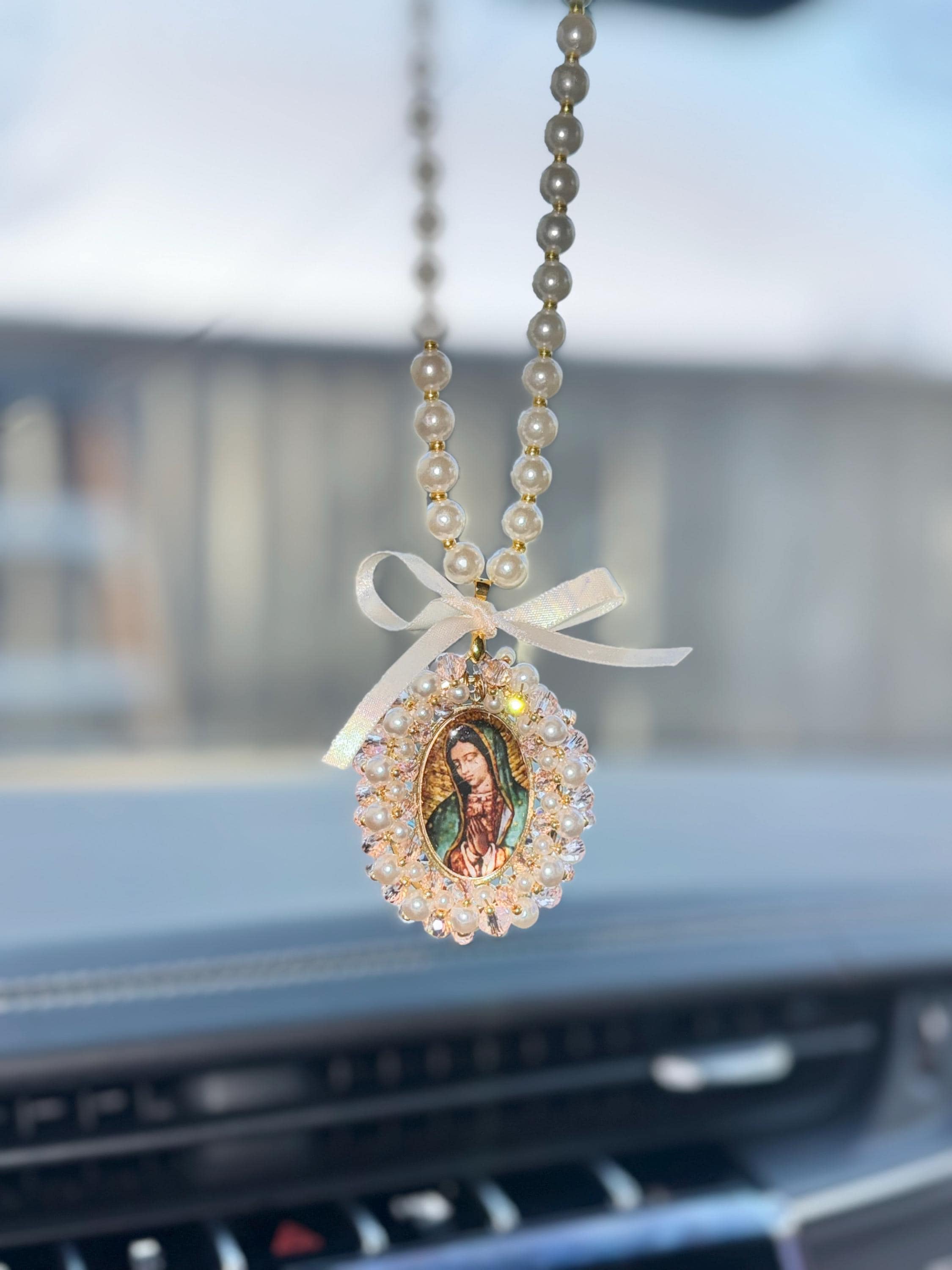 Virgin Mary Car Charm,Car Decoration, Car Accessories, Rear view Mirror,Car Blessings,Car Rosary,Baptism Gift,Religious Catholic,Car Charm