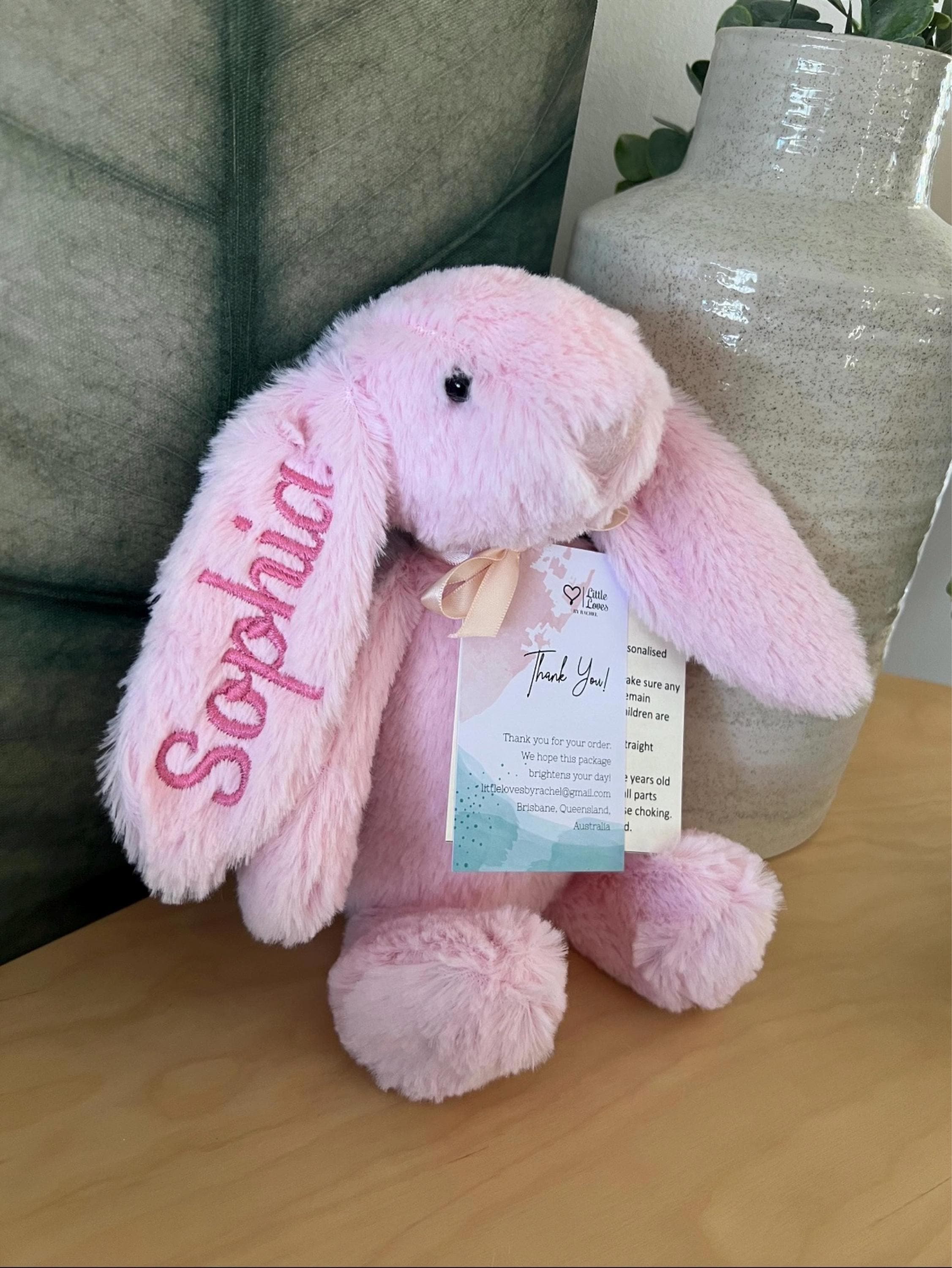 Personalised Plush Bunny Rabbits for children and babies. Floppy ear Rabbit for Easter or Birth. Customise text and colours. Embroidered ear