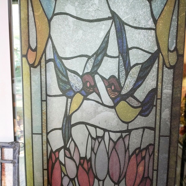 Static Cling Window Privacy Film - Green Stained Glass Decal, 90x58cm, No Glue Needed