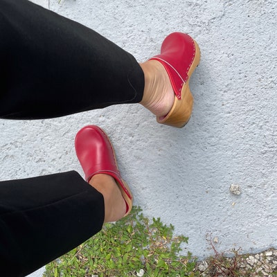 Maja Wood Open Back Red Leather Clogs - Etsy