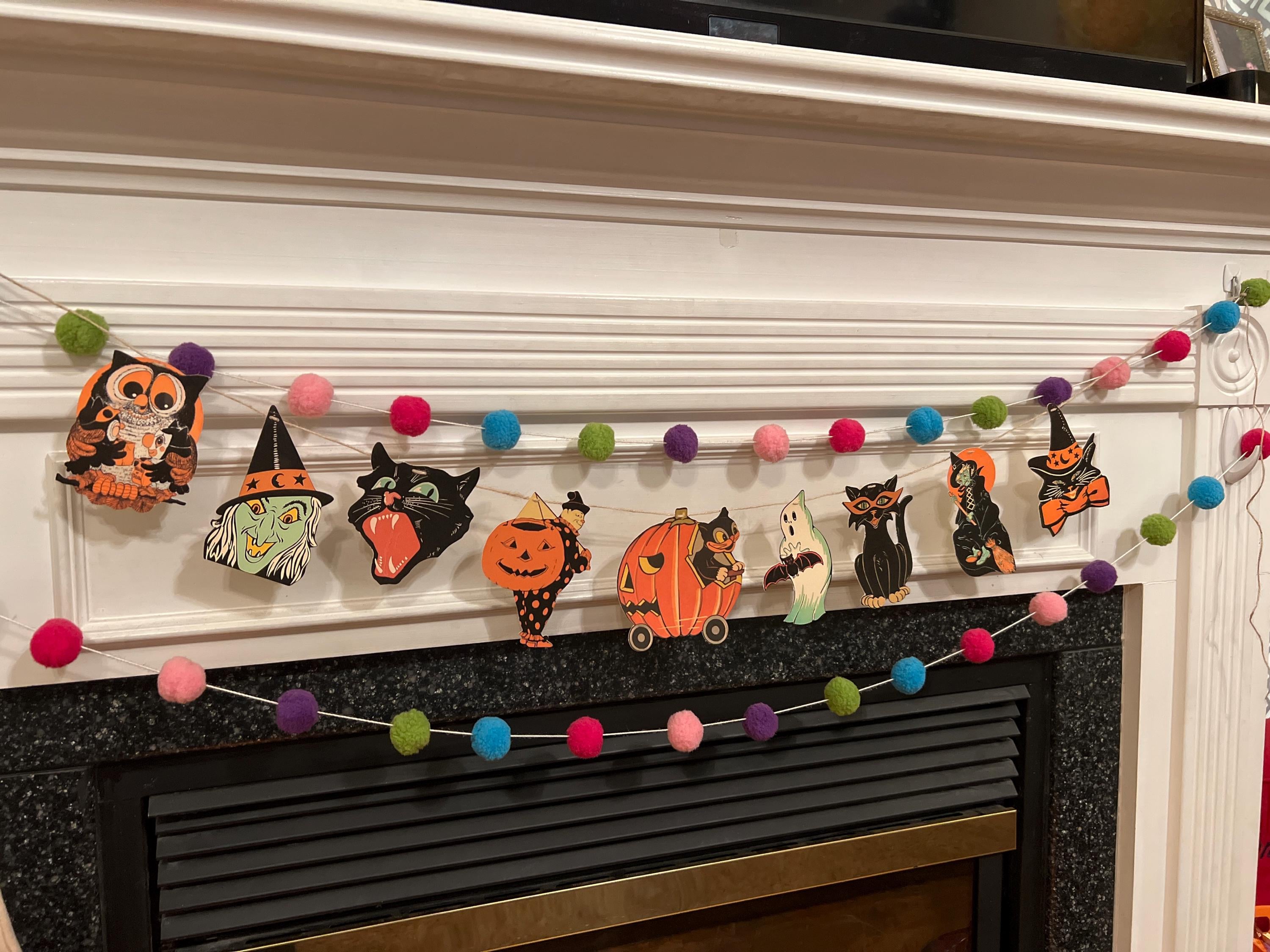 Vintage Halloween Decor Garland Retro Banner Kitsch Pumpkins Witch Ghost Die Cut Spooky Wall Decor Party Decor Handmade Glitter Accents