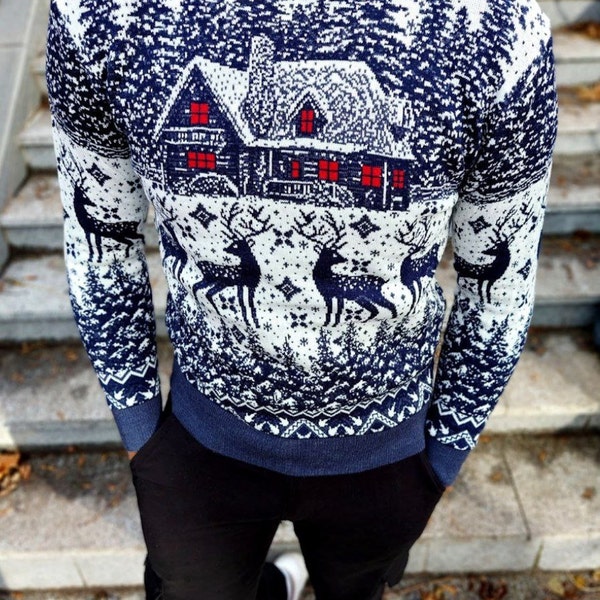 Christmas Sweater Men's Warm Deer Printed Round Neck Sweater