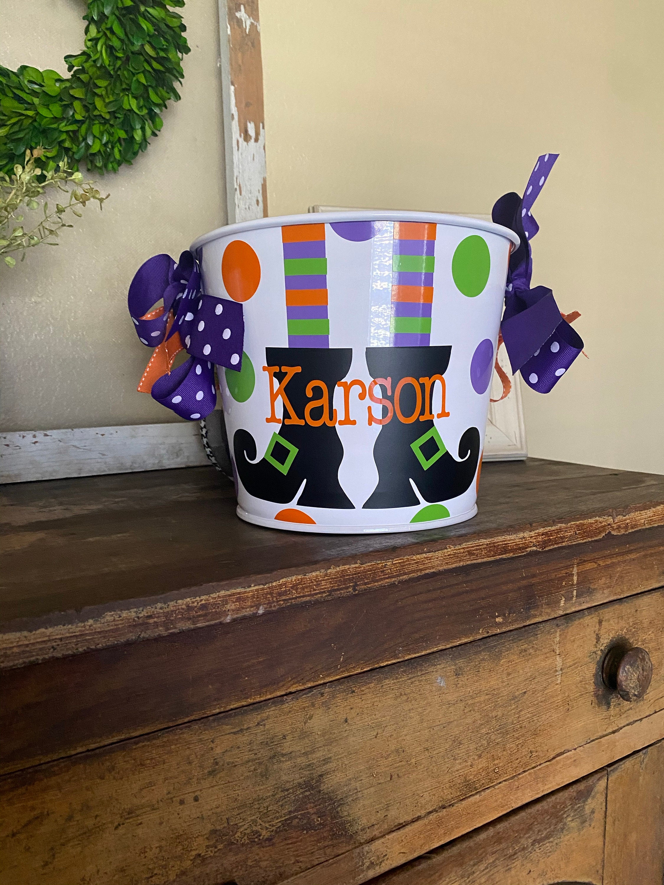 5 QT Halloween Trick or Treat Bucket w/Handles/Personalized/White with Witches Feet /Many Designs to Choose From