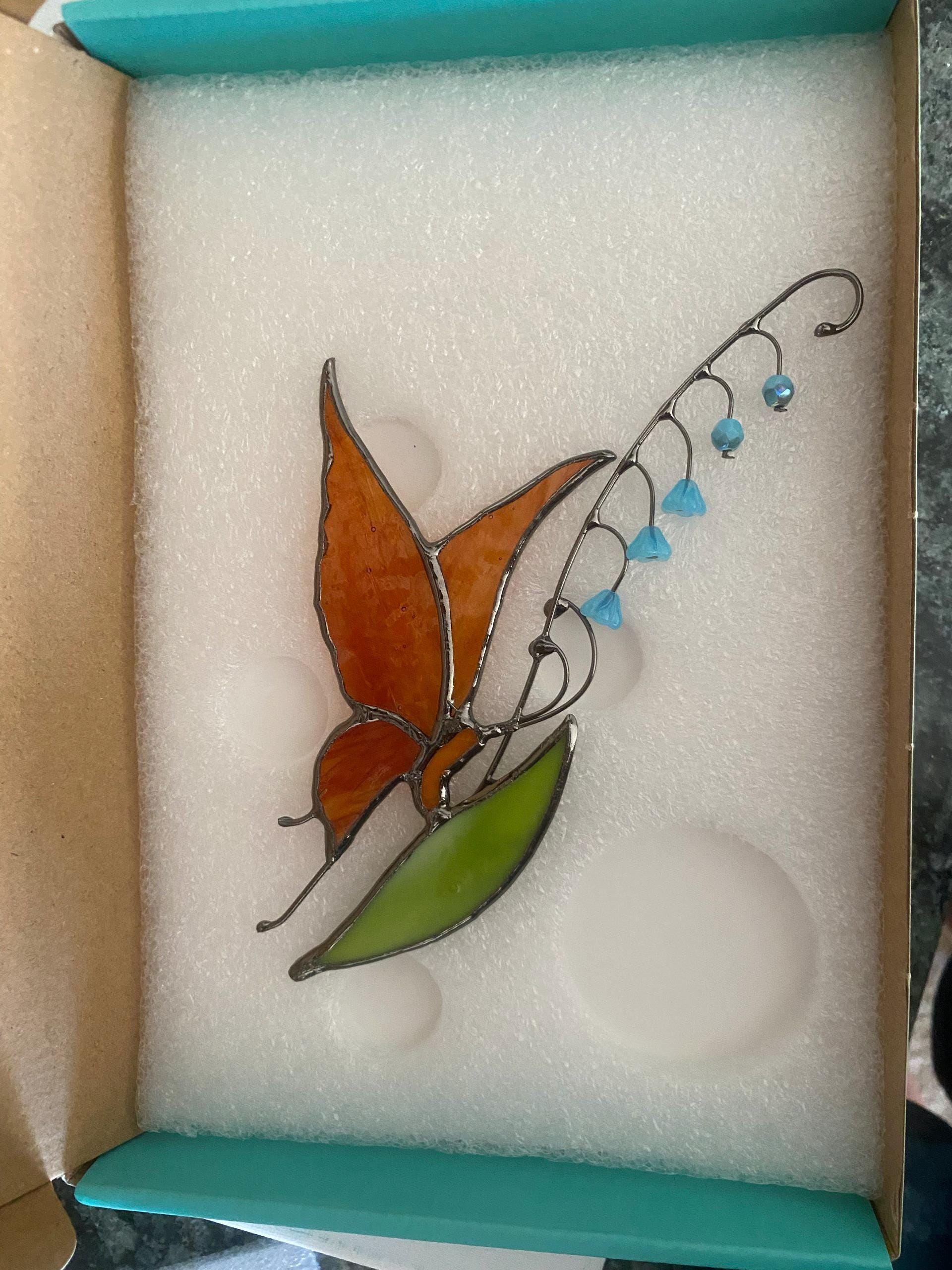 Stained glass Butterfly decor - Garden stake and Suncatcher 2 in 1 - Butterfly plant stake on metal rod - Thank You Gift for Mom