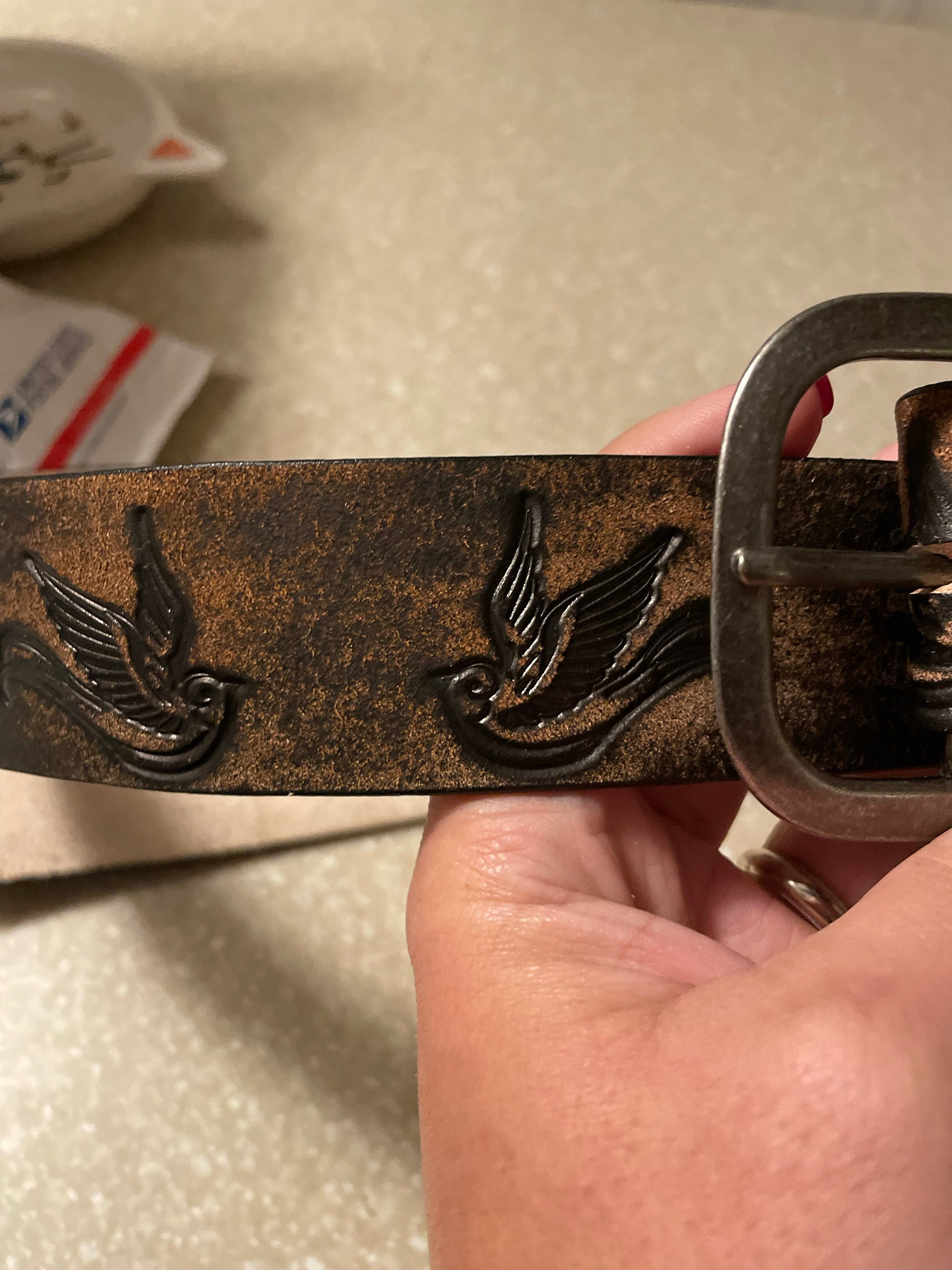 Leather Belt Sparrow Vintage Aged Leather belt - embossed sparrow snap belt  Handmade in USA Groomsmen Wedding Swallow Bird Tattoo Flash Art
