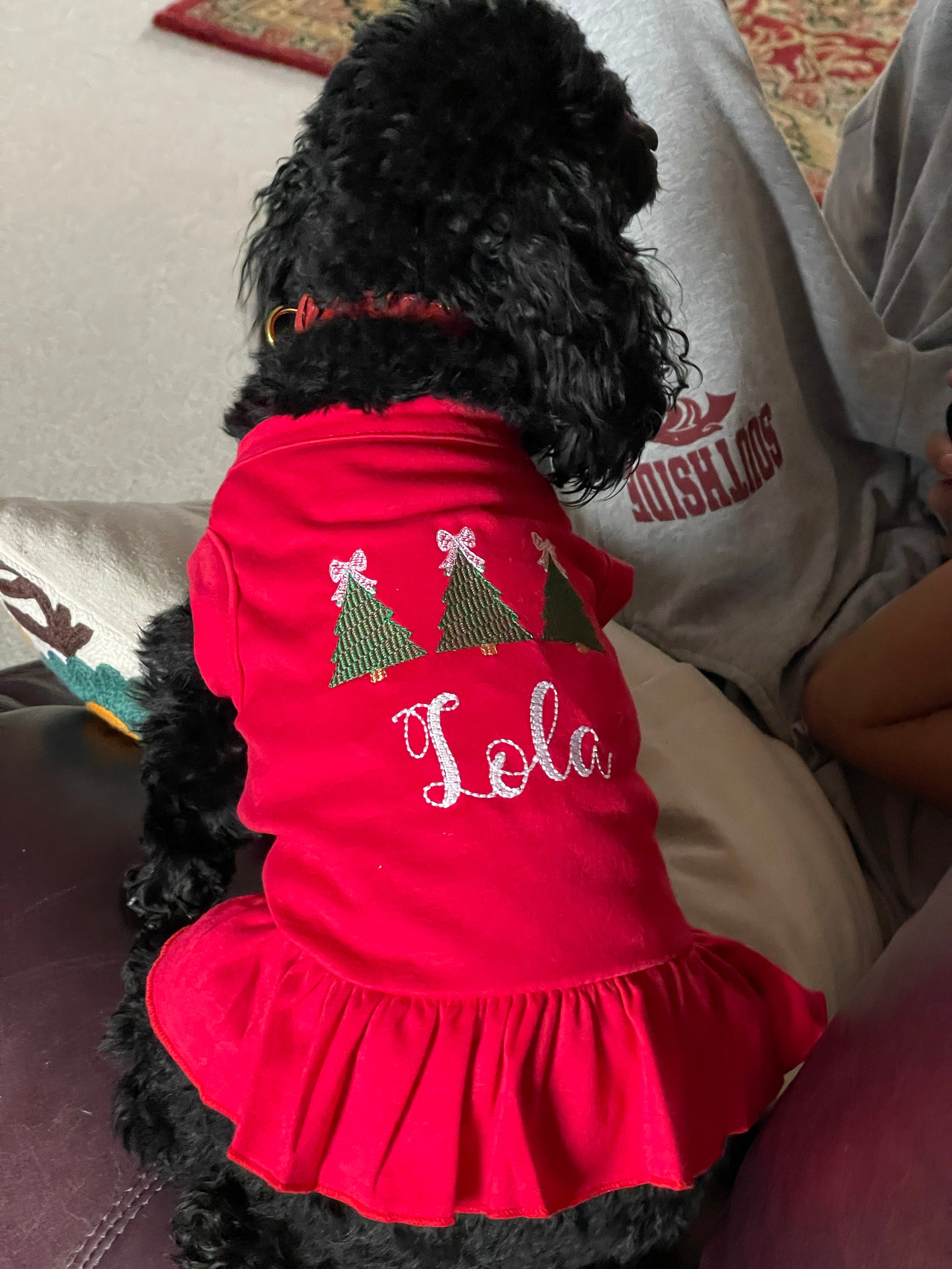 Christmas Dog Shirt or Dress, Christmas Bow Tree Sketch Trio Monogrammed Shirt, Beautiful Personalized Embroidered Holiday Puppy Clothing
