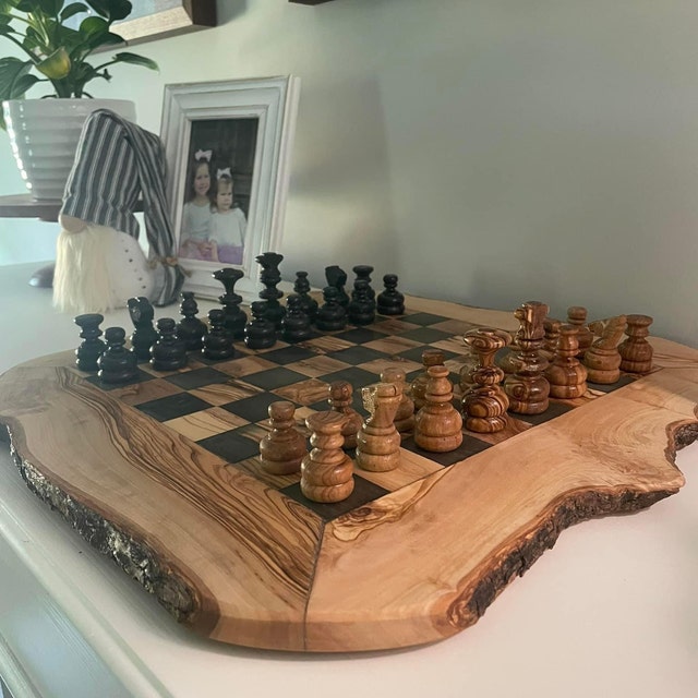 Handmade Olive Wood Chess Board Live Edge Base -  Canada