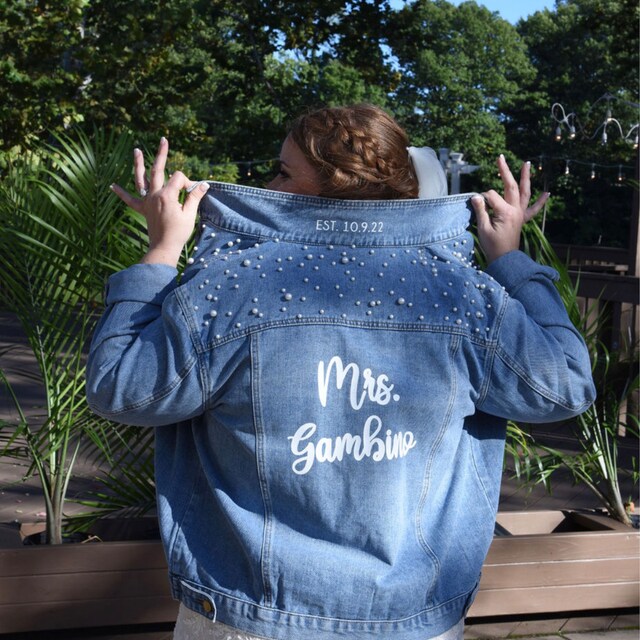 Pearl Jean Jacket, Bride Jean Jacket, Mrs Denim Jacket
