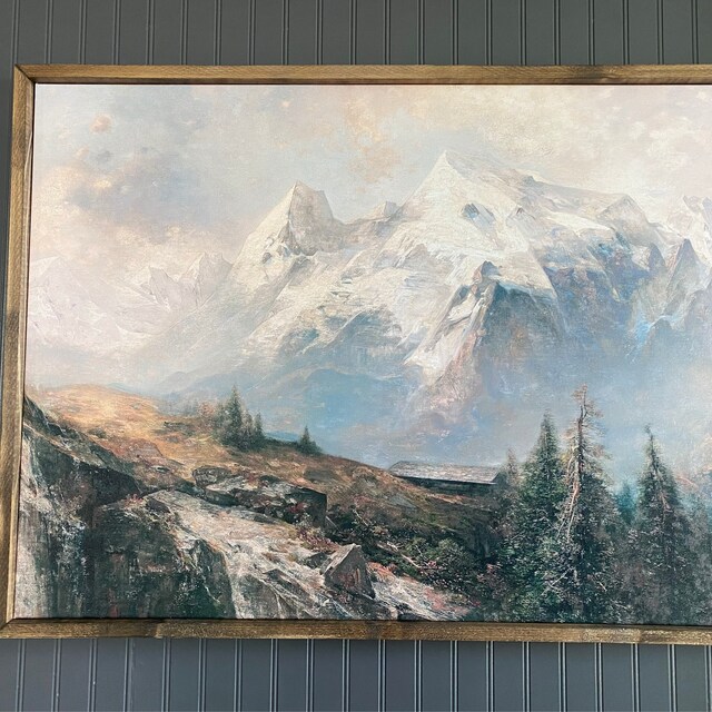 Rustic Winter Mountain Landscape Painting | Vintage Cabin