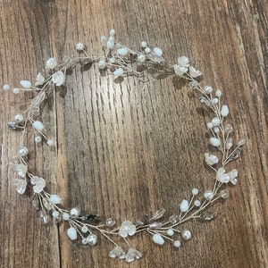 White Floral Hair Wreath with Pearls and Crystal Accents, First Communion and Flower Girl