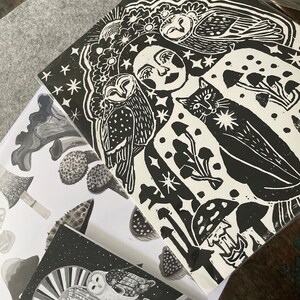 Goddess Cat Owl Lino Print, Witchy Mushroom Art - Etsy